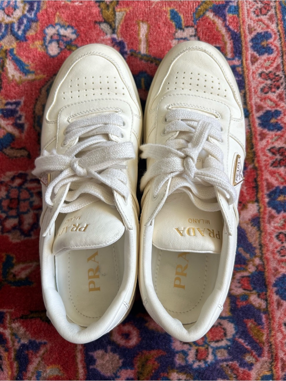 Prada White Leather Low-Top Sneakers with Gold Logo